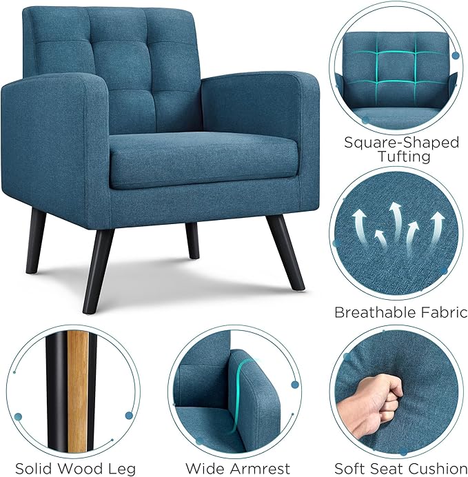 Yaheetech Mid-Century Accent Chairs Modern Upholstered Living Room Chair Cozy Armchair Button Tufted Back and Wood Legs for Bedroom/Office/Cafe Navy Blue