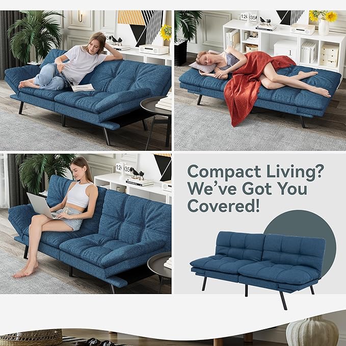 Futon Sofa Bed Convertible Couch Blue Linen Sofa Bed with Memory Foam Adjustable Backrest &amp Armrests Multifunctional Small Loveseat Sleeper Sofa for Living Room Apartment Office