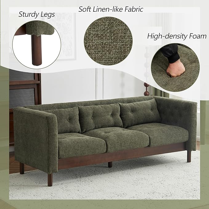 Christopher Knight Home Marloo 3 Seater Sofa Couch Upholstered Couch Linen-Like Tufted Back Sofa with Arm Rest Rubberwood Legs 78 Spacious Seating for Living Room Home Rest Dark Green