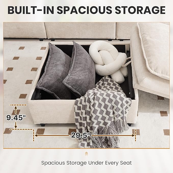 130 U Shaped Modular Sectional Sofa Couch with Ottoman Storage Chenille Cloud Couch with Plush Deep Seating for Living Room Bedroom (Beige 7 Seat)