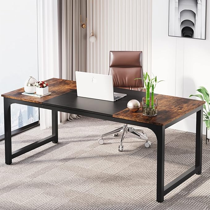 LITTLE TREE 70.8 Inch X-Large Executive Computer Office Desk Brown+Black