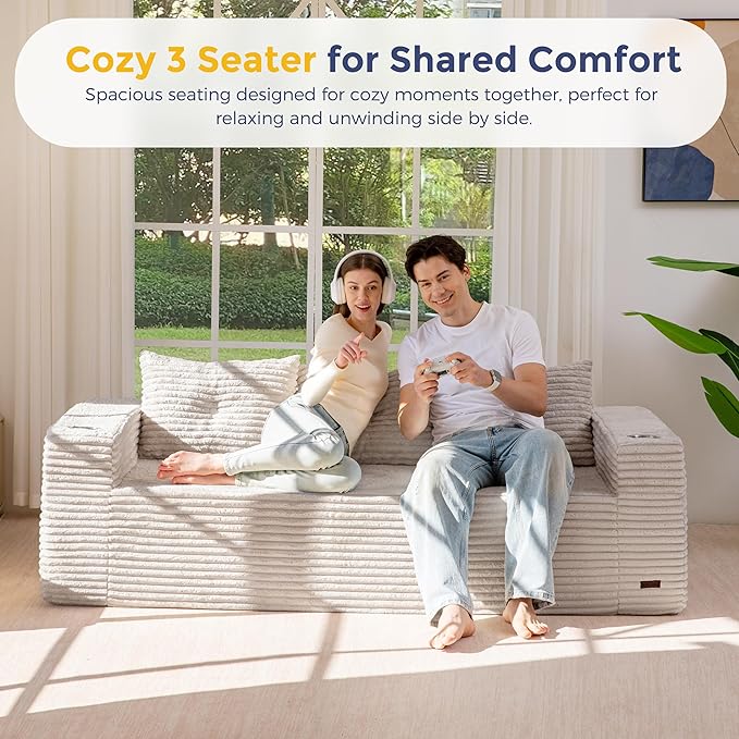 MAXYOYO 79 Oversized Boneless Loveseat Sofa Couch for Small Spaces Mini Love Seat Floor Couch with Cup Holders and Pillows 3-Seater Upholstered Cloud Couch for Bedroom No Assembly Required