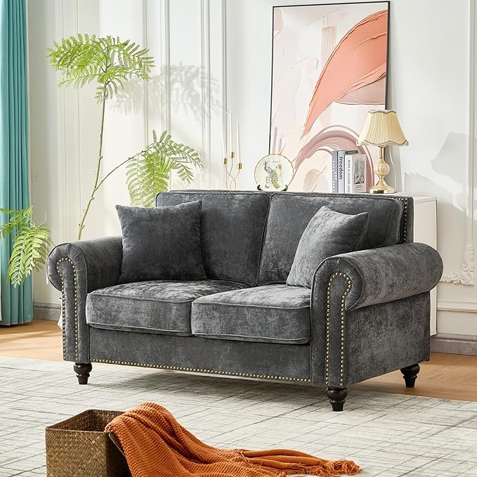 TTK 63 Modern 2-Seater Sofa with Rolled Arms Chenille Upholstered Loveseat Couch with Sturdy Wood Legs and Elegant Nailhead Trim Comfortable Small Sofa for Living Room Bedroom or Apartment Gray