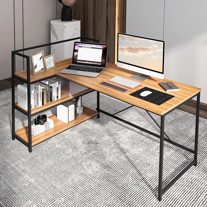 Tangkula Reversible L-Shaped Computer Desk Space Saving Corner Desk with 3-Tier Storage Shelves &amp Metal Frame Modern Executive Home Office Desk PC Laptop Desk Workstation for Small Space (Walnu