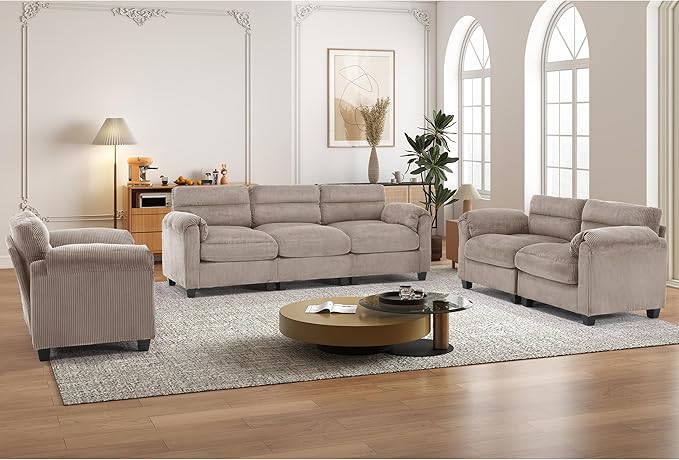 Corduroy Sofa Set Upholstered Armchair Loveseat and 3-Seater Couch with Plush Cushions and Rolled Arms Modern Living Room Furniture SetsBrown