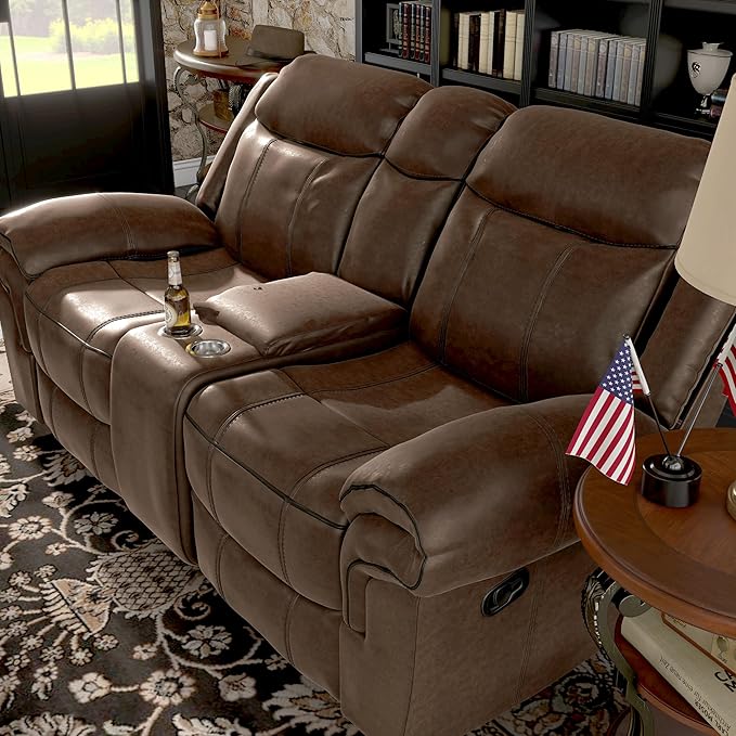 24/7 Shop at Home Amos Oversized Nursery Glider Recliner Chairs for Adults Manual Comfy Reading Couch Overstuffed Reclining Loveseat Sofa Adjustable Comfy Theater Seating for Living Room Brown