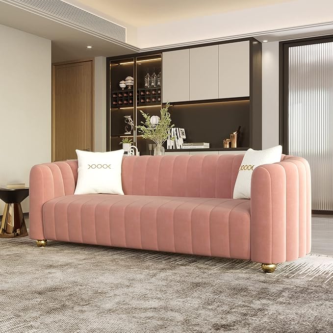 83'' Velvet Sofa for Living Room Modern Comfy Couch 3-Seater Apartment Sofa with 2 Pillows &amp Golden Metal Legs