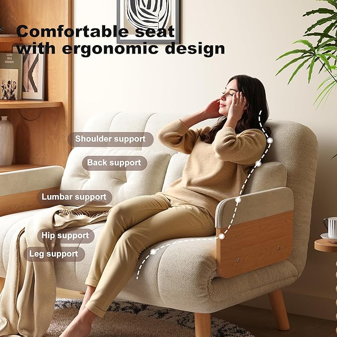 Convertible Chair Bed Futon Sofa Bed Sleeper Chair with Solid Wood Leg and Storage Pocket Linen Fabric Sofa Couch Guest Bed for Living Room Bedroom Office Apartment (43.31)