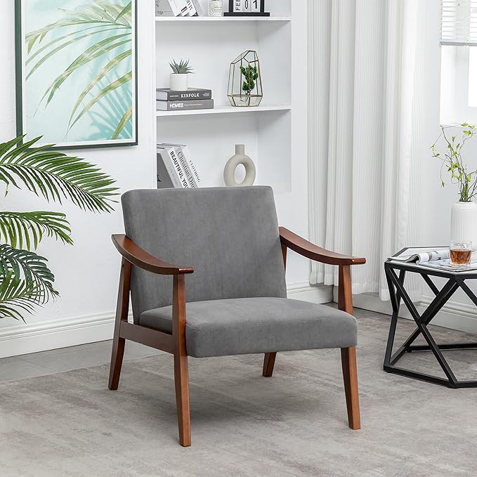 Accent Chair with Velvet Upholstery and Solid Wood Frame Classic Mid-Century Modern Living Room Furniture for Extra Seating Grey