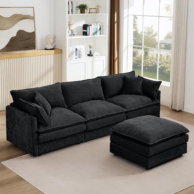 Harper &amp Bright Designs 105 W Modular L-Shaped Sectional Sofa with Removable Ottoman 3-Seater Configurable Layout Black