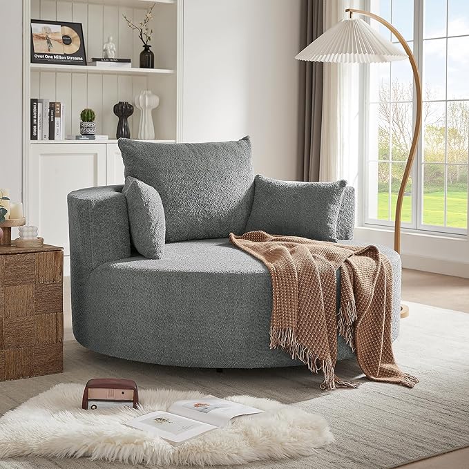 360° Swivel Barrel Chair Oversized Upholstered Swivel Chairs for Living RoomModern Chenille Fabric Club Chair55 Large Round Accent Chair with 3 Pillows for BedroomOffice (Grey 55-Inch)