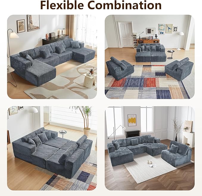 143.3'' Convertible Modular Sectional Couch Modern U-Shaped Floor Sofa with Movable Ottomans Comfy Corduroy Fabric Sofas No Assembly Free Combination Couches for Living Room ApartmentGrey
