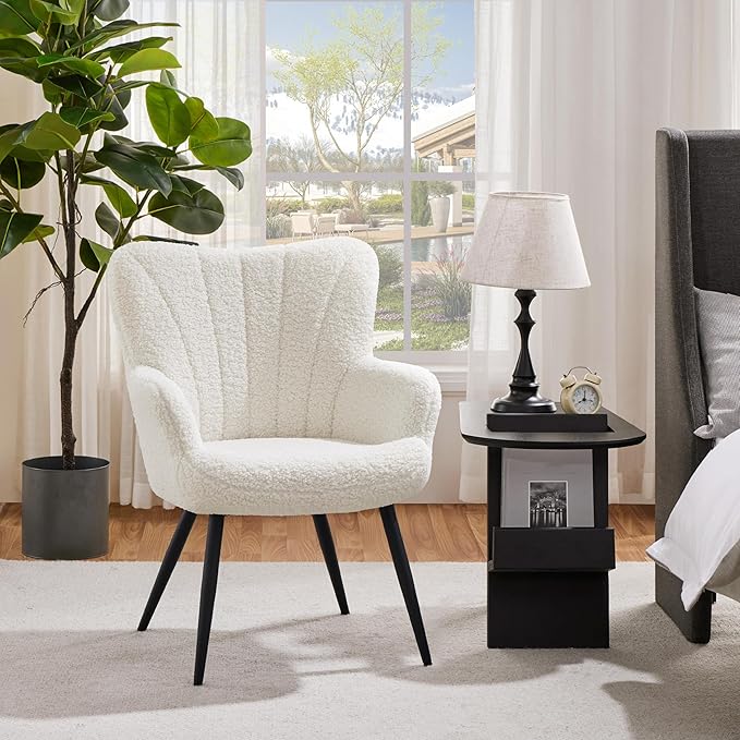 Topeakmart Modern Accent Chair Fluffy Sherpa Barrel Chair Boucle Armchair with Soft High Backrest and Metal Legs for Living Room Bedroom Office Ivory