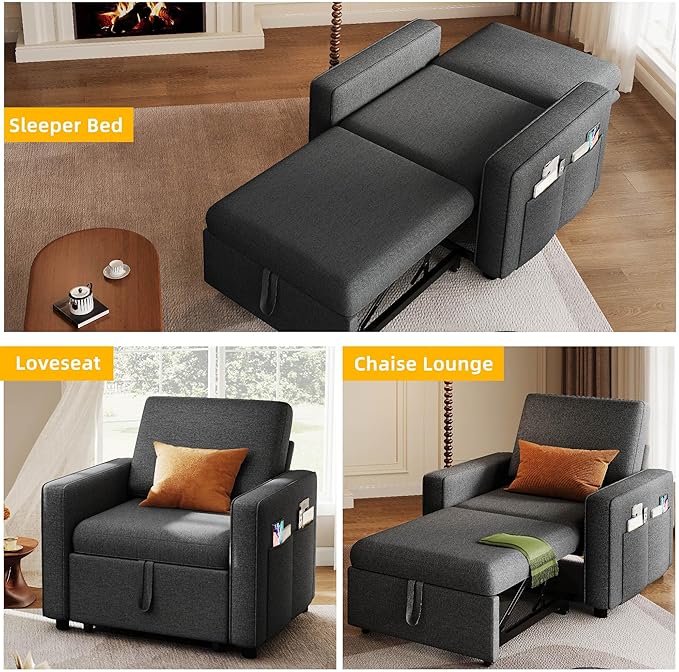 YITAHOME Convertible Sofa Chair Bed 3-in-1 Sleeper Sofa with Pull-Out Bed Linen Fabric Single Sleeper Chair with Reclining Backrest and Wide Armrest Modern Lounge Sofa for Small Space Grey