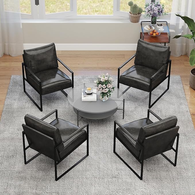 INZOY Accent Arm Chair with Metal Frame Set of 4 Comfy Living Room Chair with Plump Backrest and Cushion Mid Century Modern Chair with Sturdy Structure Easy to Clean Dark Grey