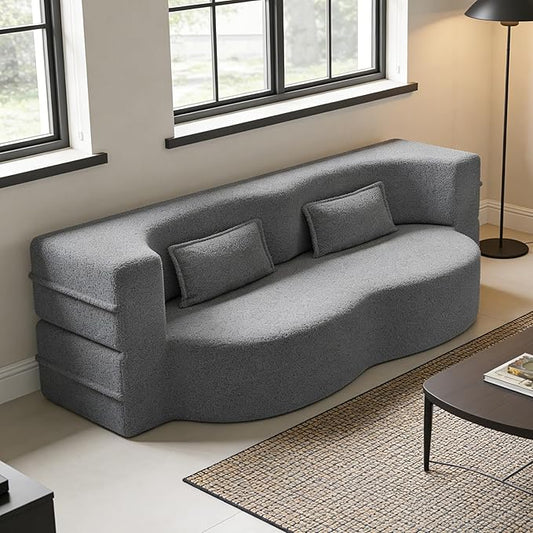 2 in 1 Convertible Compressed Sofa Bed 49'' Modern Boneless Single Sleeper in a Box Floor Mattress Futon Loveseat Couch No Assembly Needed Space Saving Dark Grey 2 Pillows Twin for Home