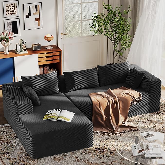 ALISH 111 Inch L-Shaped Cloud Sectional Sofa Couch Compression Couch with Chaise Modular Deep Seat Boneless Design for Easy Setup Plush Upholstered Living Room Bedroom Apartment Furniture Black