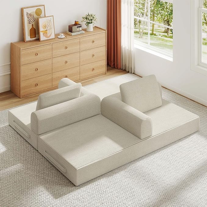 Convertible Sleeper Sofa Bed 3-Seat Corduroy Futon Couch with Cylindrical Pillow Foldable Mattress for Living Room &amp Bedroom 79 Inch Multi-Functional Sofa (Beige)