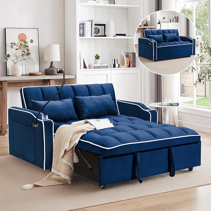 TTK 3-in-1 Convertible Velvet Sleeper Sofa Bed Pull-Out Loveseat with Adjustable Backrest USB Port &amp 2 Pillows Swivel Phone Stand &amp Storage Pockets Modern Futon Couch for Living Room Blue