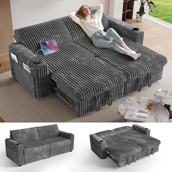 Sunny Heart 91 Plush Corduroy L Shaped Sectional Sleeper Sofa Bed with Pull Out Bed Reclining Backrest Reversible Storage Chaise USB Ports Cup Holders Tool Free Assembly Darke Grey