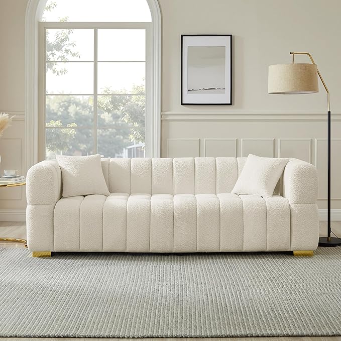 VANOMi Sofa and Chair Set Modern Deep Seat Couch &amp Boucle Sofa Chairs Oversized Upholstered Couch Sets for Living Room Bedroom Office Apartment White (2 Pieces)