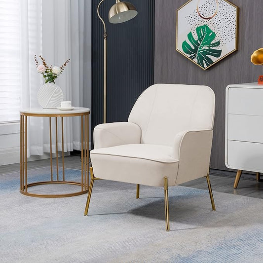 Velvet Accent Chair for Living Room Bedroom Office - Leisure Upholstered Single Sofa Arm Chair - Comfy Reading Club Coffee Chair with Metal Legs (Beige)