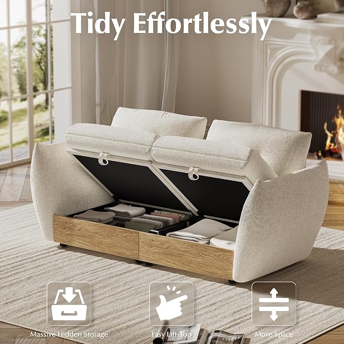70 Loveseat Sofa with Storage Cotton and Linen Fabrics Modern Oversized Modular Sectional Cloud Couch with Armrest Pillow Easy Assembly for Small Spaces Ivory
