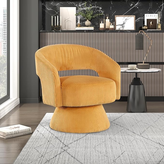 Lexicon 360 Degree Swivel Accent Chair Modern Comfy Corduroy Round Barrel Chair Open Back Plush Foam Cushions Metal Swivel Base for Living Room/Bedroom/Office Yellow