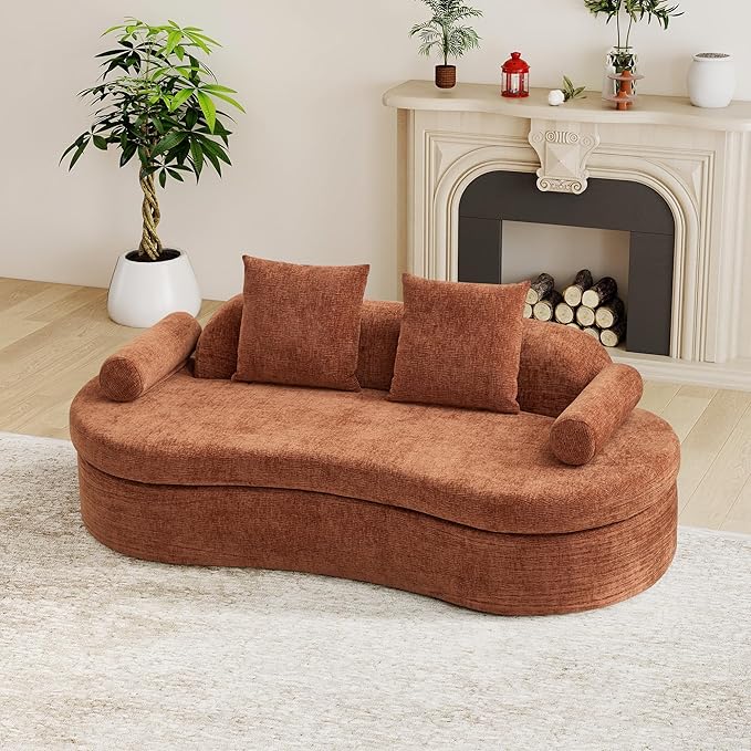 AVZEAR 78 Curved Loveseat Sofa Chenille Upholstered 2 Seater Couch for Living Room No Assembly Modern Love Seat Cloud Sofa with 2 Bolster Pillows &amp 2 Square Pillows High-Density Foam Orange