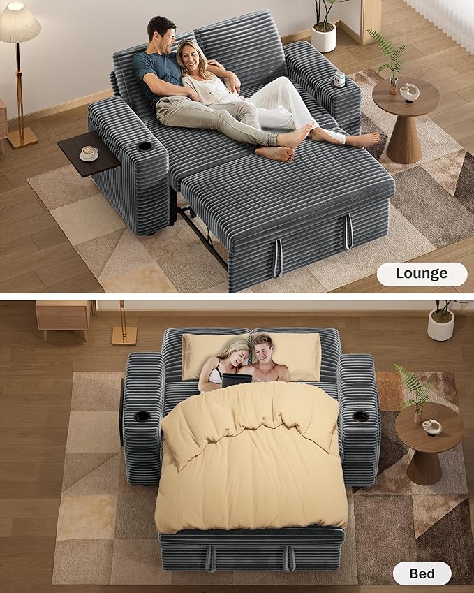 Vipbear 65 Loveseat Sleeper Sofa with Pull Out Bed Plush Corduroy 3-in-1 Convertible Sofa Bed with Reclining Backrest|USB Ports|Cup Holders|Side Table|Storage Armrests Tool Free Assembly Grey