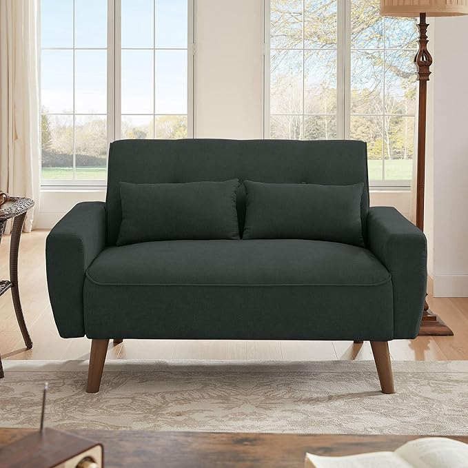 Loveseat Sofa Couch with Two Throw Pillows Mid Century Modern 2 Seat Love Seat Couches for Living Room Linen Fabric 48 (Black)
