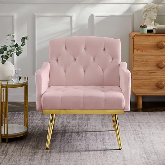 kevinplus Velvet Accent Chair Living Room Chair Leisure Single Sofa Chair Comfy Vanity Chair for Bedroom Modern and Mid-Century Armchair Sitting Chair for Reading Relaxing Gold Metal Leg Pink