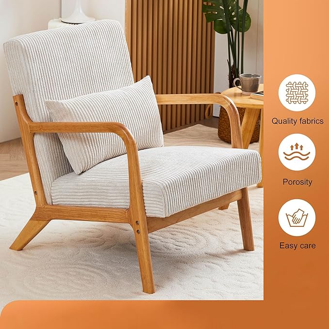 GDFStudio Aogex Accent Chair Corduroy Club Chair Upholstered Armchair Solid Wood Single Sofa Lounge with Armrest Comfort Seating with Lumbar Support for Reading Living Room Home Rest Beige+Teak