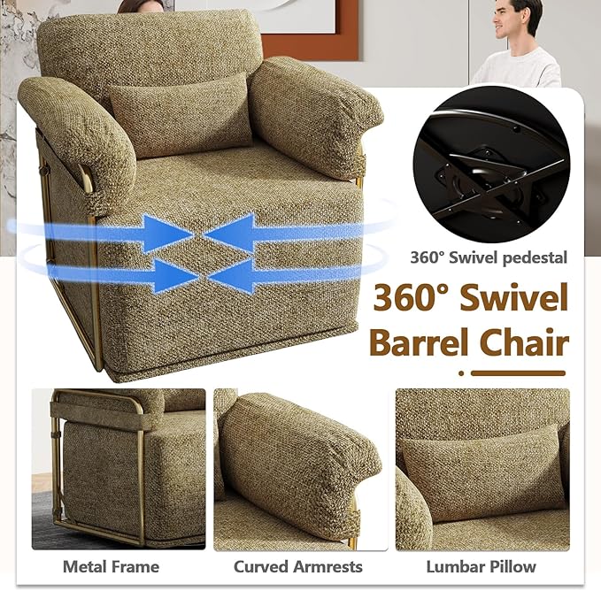 Swivel Accent Chairs 360 Swivel arm Chairs for Bedroom Club Chair with Back Gold Frame Tall Base for Office and Living Room (Brown)