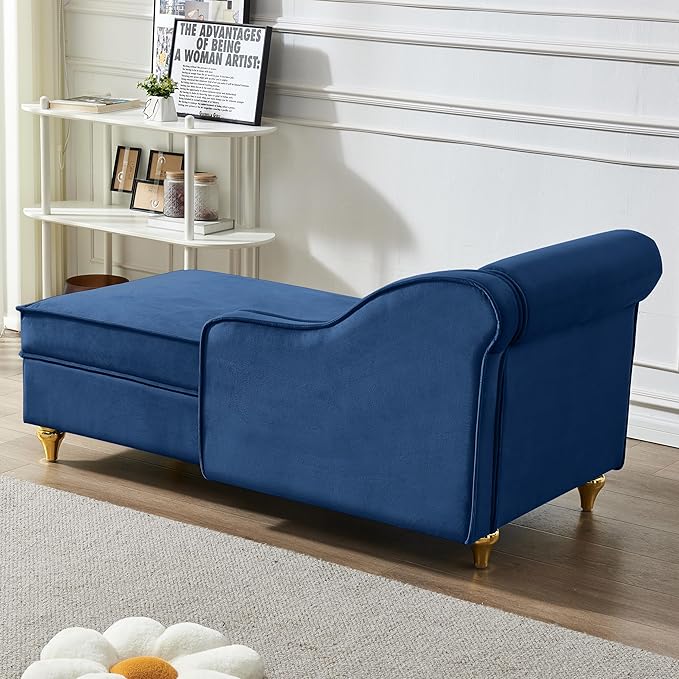 60.6Modern Storage Chaise Lounge IndoorVelvet Upholstery Sofa Chair with1 Toss PillowsUpholstery Lounge Sofa with Gold Metal Legs For Small ApartmentLiving RoomOfficeReception AreaNavy Blue