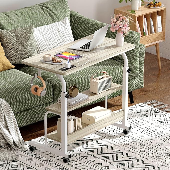 soges Height Adjustable Desk with Charging Station Mobile Computer Workstation with 2 Storage Shelves Small Rolling Desk on Wheels for Home Office Maple