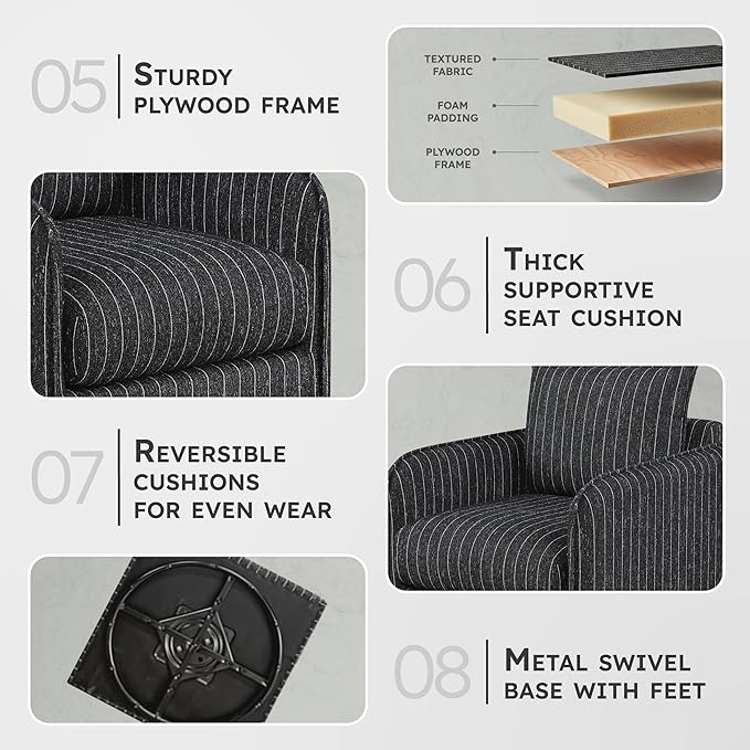 Lexicon Modern Pinstripe Swivel Accent Chair - 360 Degree Swivel Chair with Removable Back Cushion Cover Pillow Sturdy Round Metal Base for Living Room/Apartment/Nursery Black with White Stripe
