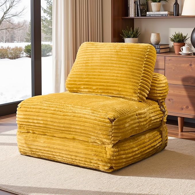 HOOOWOOO Folding Sofa BedConvertible Futon Sleeper Ottoman Pull Out Bed Single Couch 2 in 1 No AssemblyPortable 35.8 Boneless Corduroy Accent Chair Floor Chaise Lounge for Guest Room Studio(Yellow)