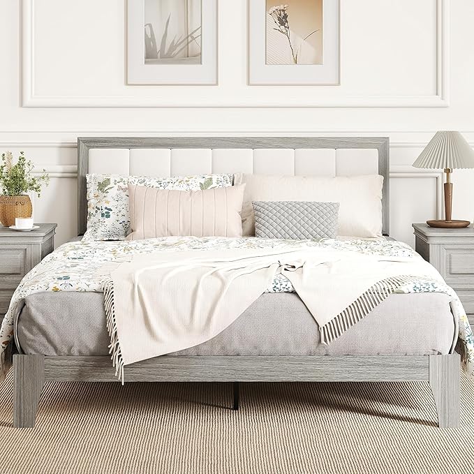 HOMCOM Queen Size Bed Frame with Upholstered Headboard Platform Bed Frame with Wooden Slats No Box Spring Needed Easy Assembly Gray