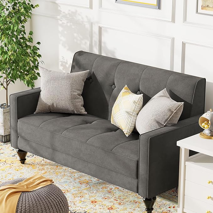 Velvet Love Seat Mini Couch Settee Loveseat Bench for Living Room Upholstered Small Loveseat Sofa with Tufted Padded Cushion Mid Century Modern Grey Love Seat