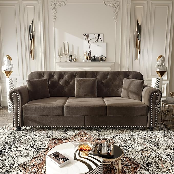 83 Stylish Velvet Sofa with Movable Ottoman Button Tufted Couch Bed with Rolled Armrests Comfort 3-Seater Sofa Bed with Rivet Decor &amp Solid Wood for Living Spaces Brown