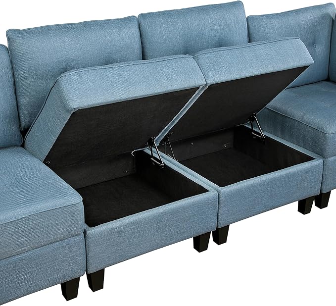 Lexicon L Shape Sectional Couch with Hidden Storage Textured Fabric Modular Sectional Sofa with Button-Tufted Design Reversible Back Cushion 4 Seater Sofa Blue