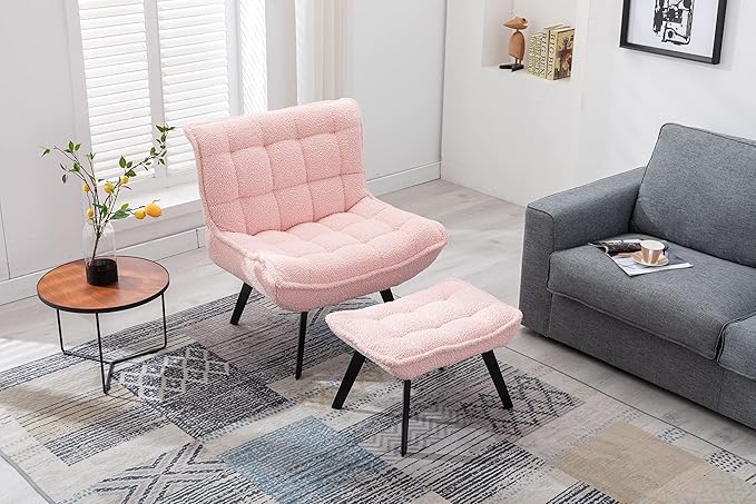 Modern Soft Teddy Fabric Material Large Width Accent Chair Leisure Chair Armchair TV Chair Bedroom Chair with Ottoman Black Legs for Indoor Home and Living RoomPink
