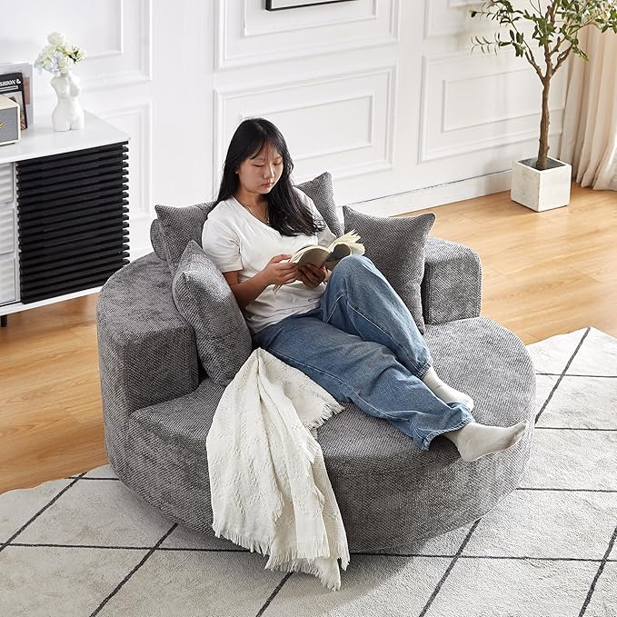 360° Oversized Swivel Chair Modern Circle Round Lounge Chair with Deep Seat Comfy Back Cushion &amp 2 Throw Pillows for Living Room Bedroom Office Light Grey Chenille