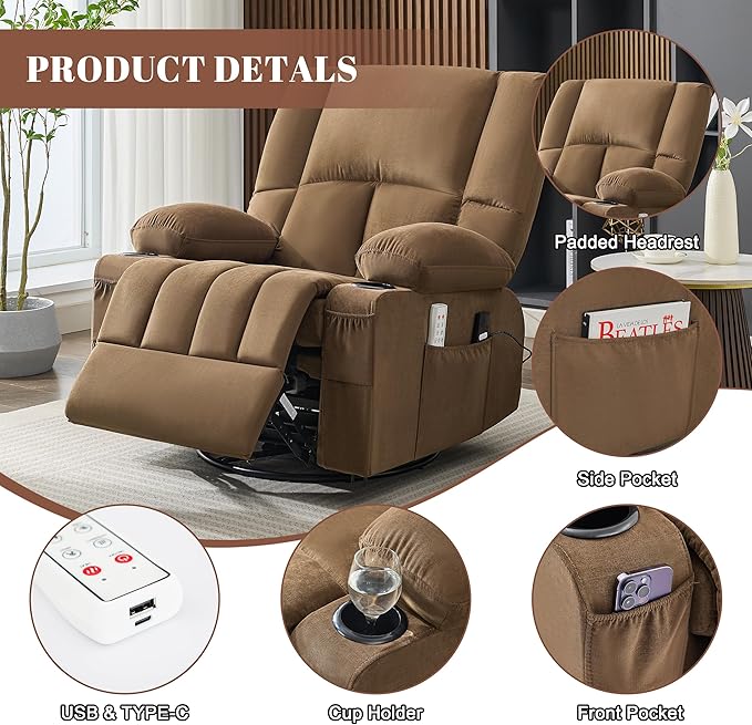 Oversized Recliner Chairs for Adults 270° Swivel Rocker Recliner with Heat and Massage Lazy Boy ReclinerRecliner Chairs Single Sofa Seat with Cup Holders (BrownElectric)