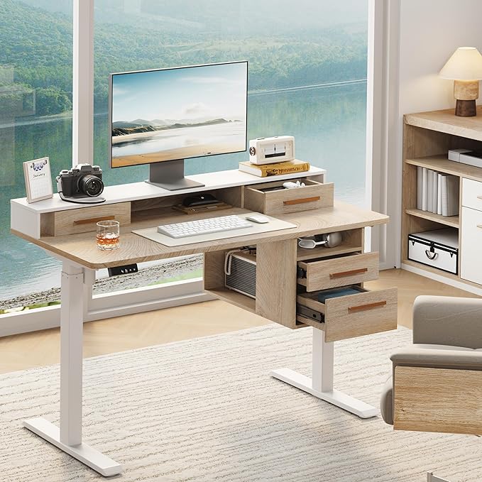 Standing Desk with 4 Drawers 47.2 x 23.6 Inch Whole Piece Height Adjustable Electric Sit Stand Desk Computer Home Office Workstation with Open Storage Shelf Light Walnut