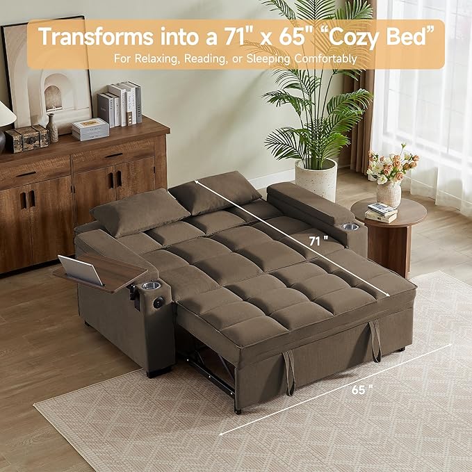 65'' Convertible Sleeper Sofa Bed with Adjustable Backrest Chaise Lounge Side Table &amp USB/Type-C Ports – Stylish &amp Functional Addition to Any Living Room (Light Grey-1)