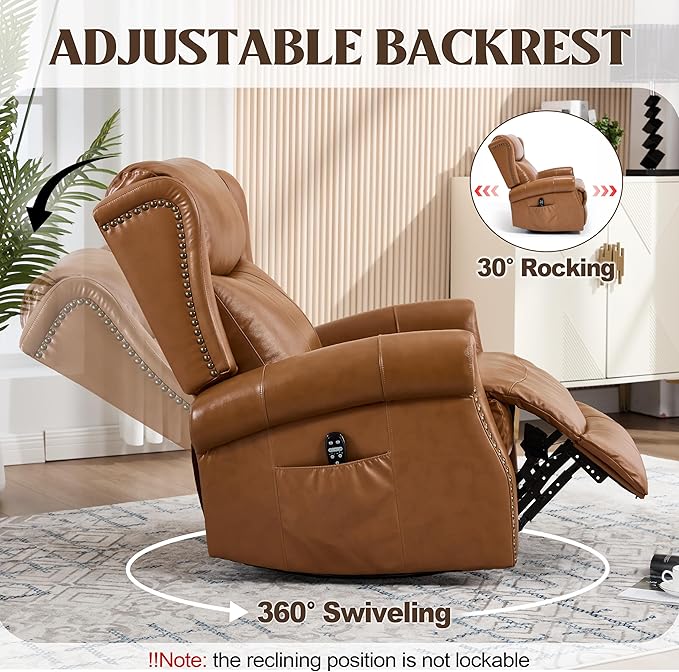 Manual Rocker Swivel Recliner Chair for Adults Vibration Massage Reclining Glider Chair with Lumbar Heat Rivet Design Single Sofa for Living Room Genuine Leather Yellow Brown