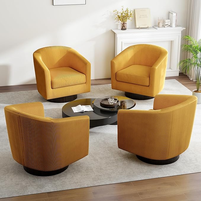 Swivel Barrel Accent Chair Modern Round Corduroy Fabric Arm Chair for Living Room Bedroom Comfy Club Reading Chairs for Adults (Corduroy Orange Set of 4)