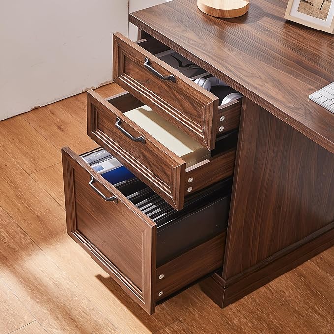 60 L-Shaped Executive Desk with 40 File CabinetFarmhouse Home Office Desk with Charging StationWood Computer Desk Set for Office WorkHome Study (Brown)